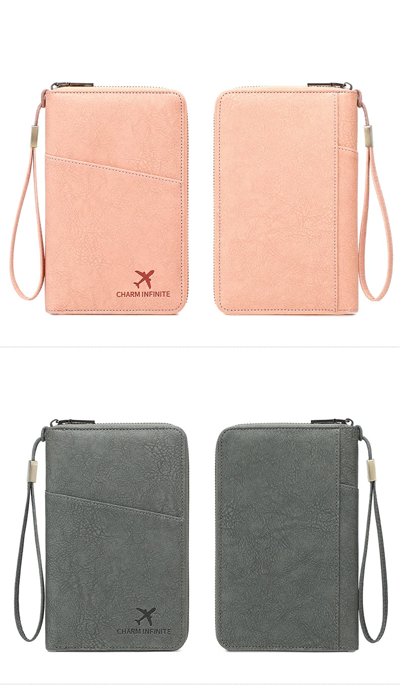 Multi-Functional RFID Blocking Passport Bag Travel Document Holder with Long Zipper Ticket Storage Wallet for Multiple Passports