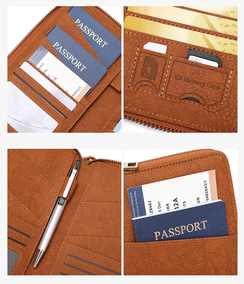 Multi-Functional RFID Blocking Passport Bag Travel Document Holder with Long Zipper Ticket Storage Wallet for Multiple Passports