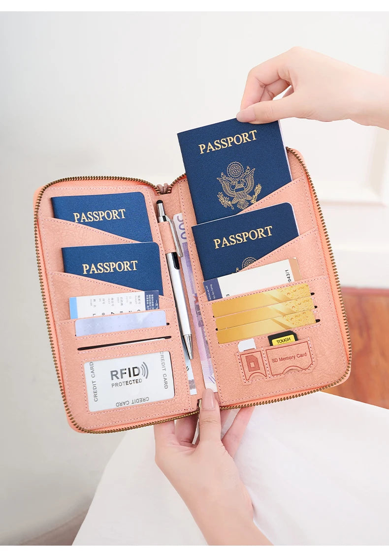 Multi-Functional RFID Blocking Passport Bag Travel Document Holder with Long Zipper Ticket Storage Wallet for Multiple Passports
