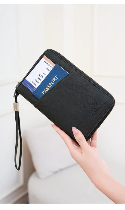 Multi-Functional RFID Blocking Passport Bag Travel Document Holder with Long Zipper Ticket Storage Wallet for Multiple Passports