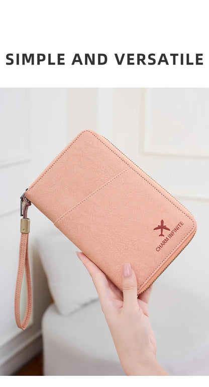 Multi-Functional RFID Blocking Passport Bag Travel Document Holder with Long Zipper Ticket Storage Wallet for Multiple Passports