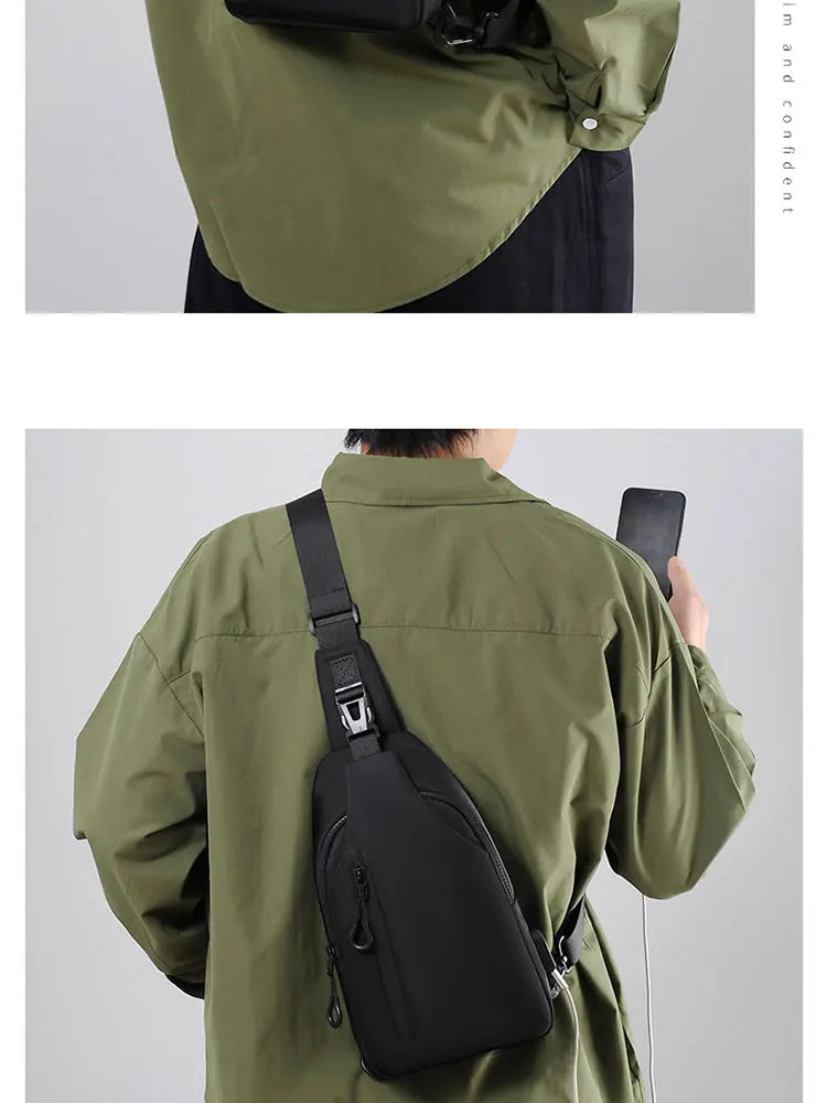 A Cool Men's Messenger Bag Casual Oxford Waterproof And Wearable Shoulder Bag Usb Rechargeable Chest Bag